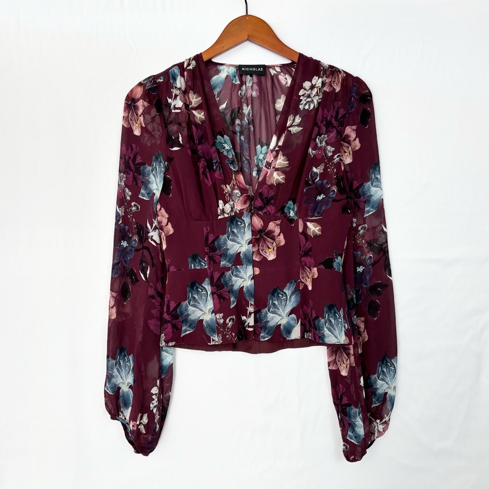 Nicholas Burgundy Floral Corset Blouse Red Silk Long Sleeve Size 4
